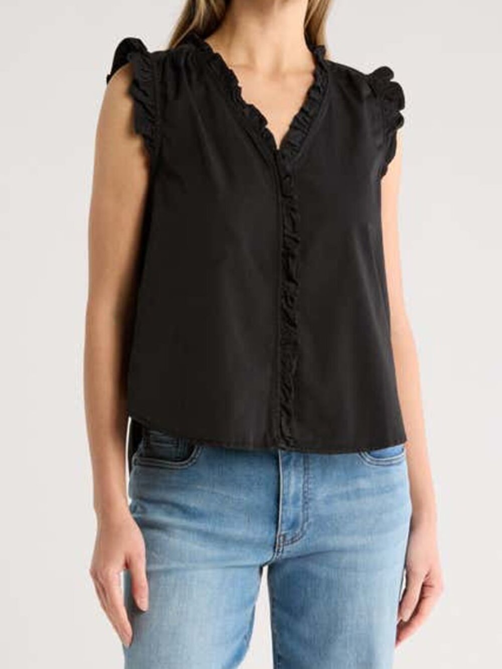 DR2 by Daniel Rainn Black Ruffle V-Neck Sleeveless Blouse Top Size M